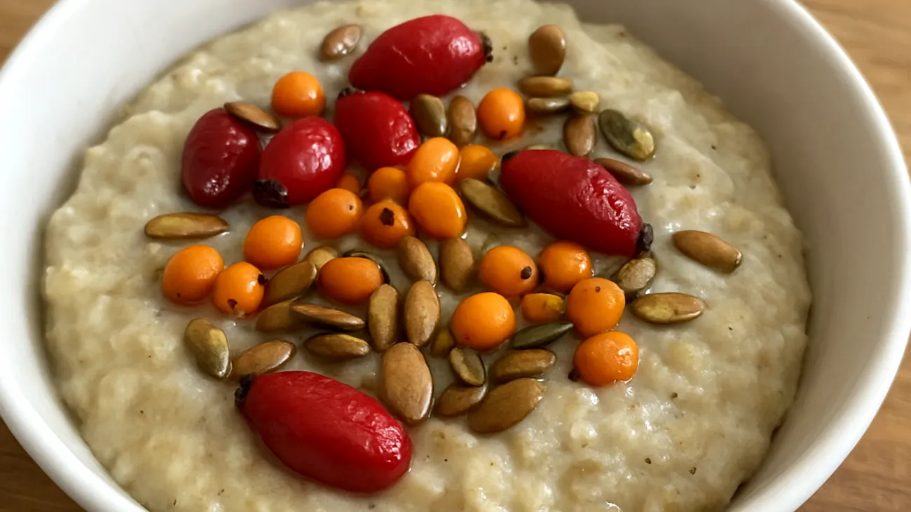 Hagebutten-Sanddorn-Porridge mit gerösteten Kürbiskernen"