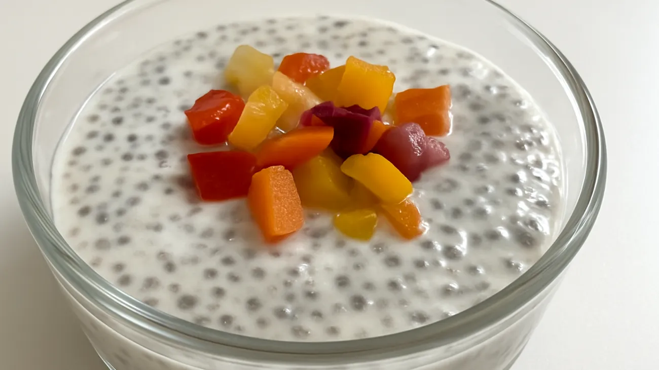 Kefir-Chia-Pudding mit fermentierten Gemüsestückchen"